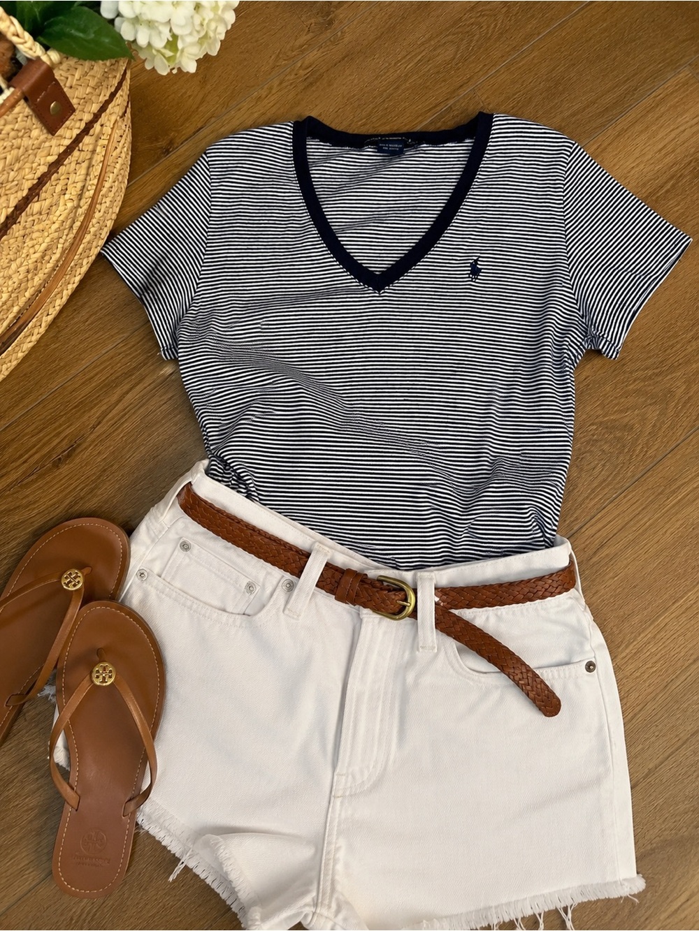 Polo by Ralph Lauren vintage Navy & White Striped V-Neck Tee soft pima cotton